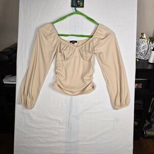 Lulus Large Beige Ribbed‎ Cropped Top Lantern Sleeve Sweetheart Neck Shirt